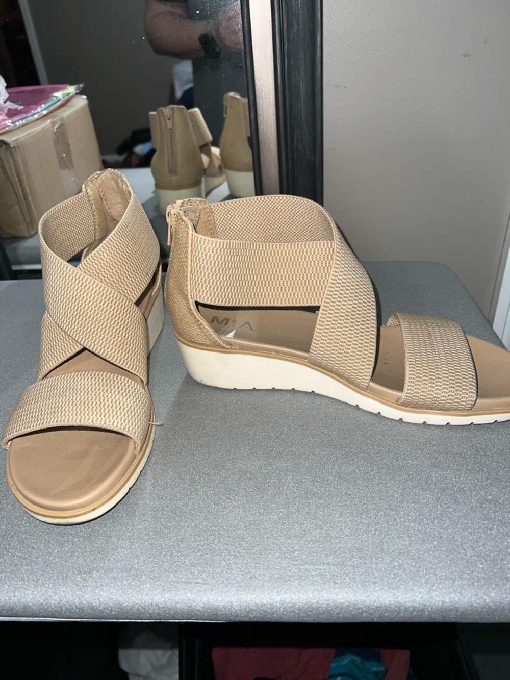 MIA Neutral Tan Elastic Criss-Cross-Strap Wedge Sandals - Picture 3 of 4